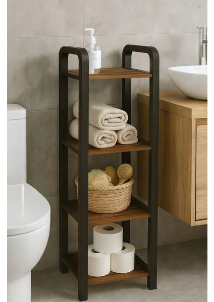 Mega Ahşap 4 Bölmeli Banyo Düzenleyici Masif Ahşap Banyo Raf Ünitesi