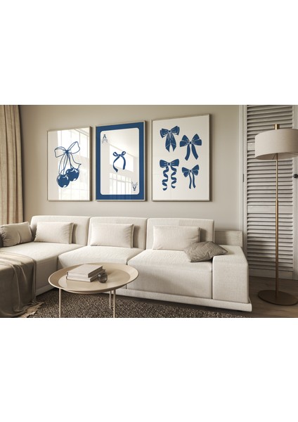 (Çerçevesiz) Blue Cherry Bow Coquette Çerçevesiz 3'lü Poster Seti Mavi