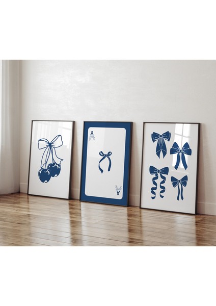 (Çerçevesiz) Blue Cherry Bow Coquette Çerçevesiz 3'lü Poster Seti Mavi fiyatları