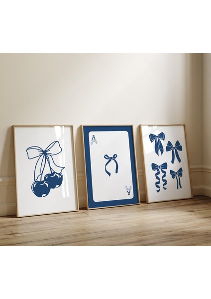 (Çerçevesiz) Blue Cherry Bow Coquette Çerçevesiz 3'lü Poster Seti Mavi modelleri