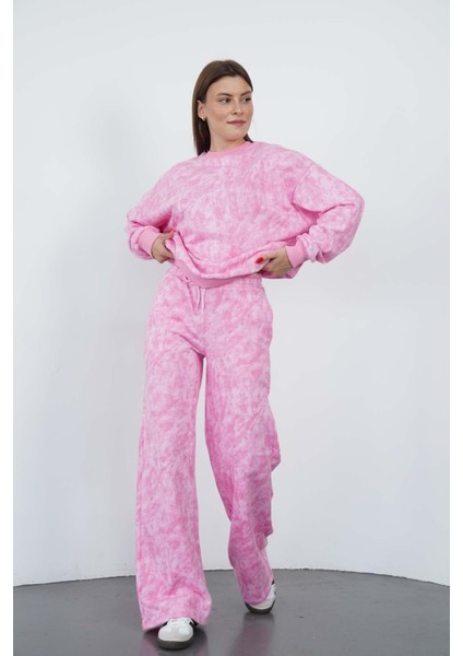 Oversize Sweatshirt & Geniş Paça Eşofman Altı Takım-Pembe Baskılı fiyatları