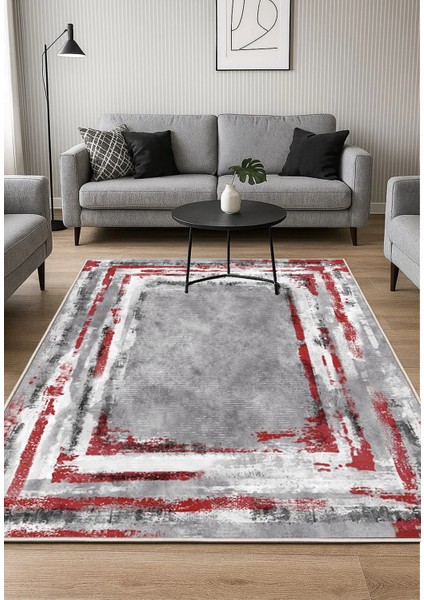 Kırmızı Gri Dijital Baskı Salon Halısı Kaymaz Tabanlı Yıkanabilir Halı Yolluk