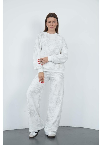 Oversize Sweatshirt & Geniş Paça Eşofman Altı Takım-Ekru-Gri Baskılı