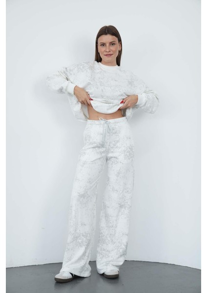 Oversize Sweatshirt & Geniş Paça Eşofman Altı Takım-Ekru-Gri Baskılı fiyatları