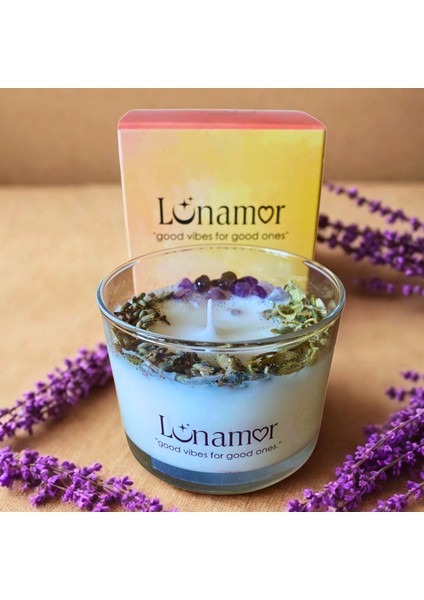 Pozitif Enerji & Nazar Kovma Tılsımlı Ritüel Mumu-Lavanta Esanslı Soya Wax-Lavanta & Ametist&adaçayı