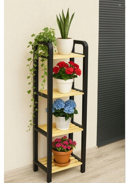 Dekoratif 4 Katlı Ahşap Saksılık Çiçeklik Saksı Standı 4 Bölmeli Raf