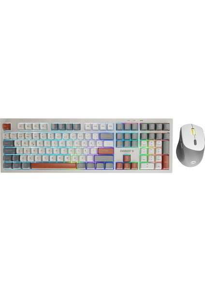 Km-78 Rena Krem/gri/kahve Kablosuz 2.4 + Bt Rgb Aydınlatmalı Sessiz Q Su Sıçramasına Dayanıklı Klavye + Mouse Set