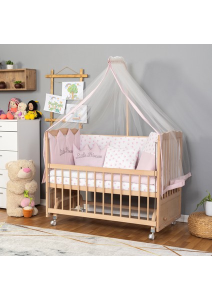 Ahşap Beşik Anne Yanı Beşik Organik (Boyasız) 60X120 - Pembe Prenses Uyku Seti Yatak Tekerlekli