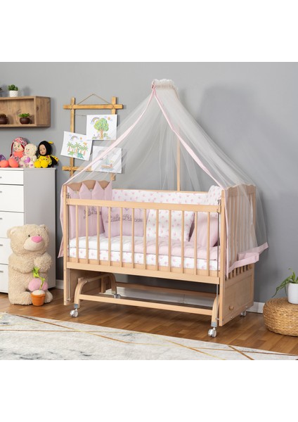 Ahşap Beşik Anne Yanı Beşik Organik (Boyasız) 60X120 - Pembe Prenses Uyku Seti Yatak Tekerlekli modelleri