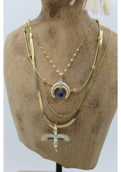 Vıp Çelik Italyan Ezme Zirkon Taşlı Anka ve Hilal Nazar Model 4’lü Kombin Kolye