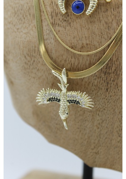 Vıp Çelik Italyan Ezme Zirkon Taşlı Anka ve Hilal Nazar Model 4’lü Kombin Kolye modelleri