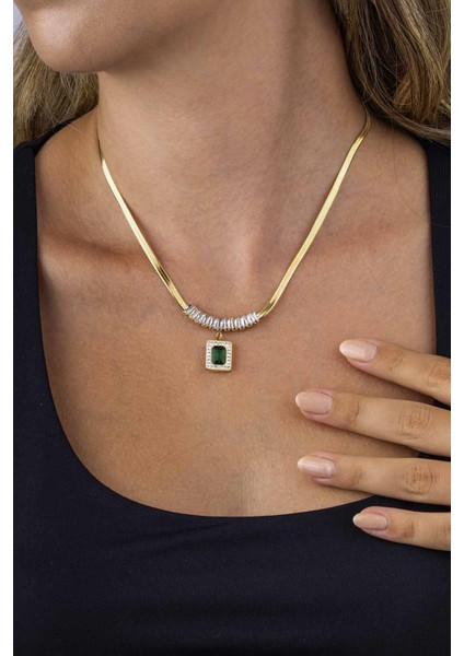 Altın Kaplama Baget Taşlı Italyan Zincir Kadın Çelik Kolye