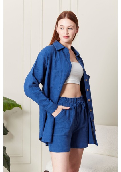Kadın Soft %100 Koton Kumaş Şort Gömlek Takım