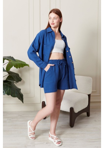 Kadın Soft %100 Koton Kumaş Şort Gömlek Takım