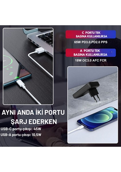 65W Gan Hızlı Şarj Adaptörü – Çift Çıkışlı Usb-C + Usb-A, Akıllı Isı Kontrolü, Seyahat Dostu Kompakt Tasarım modelleri