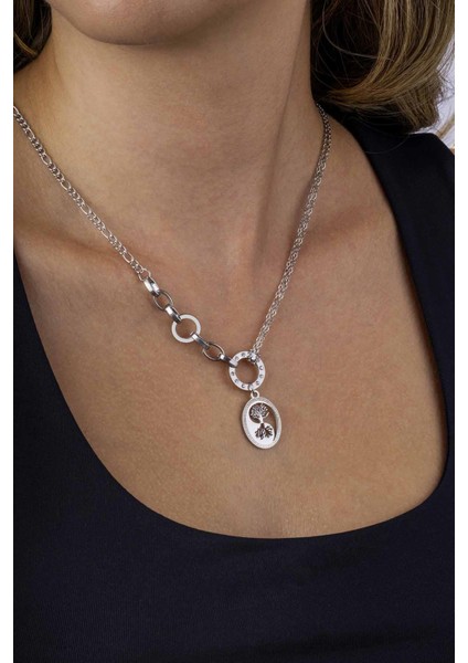 Zincir Geçişli Hayat Ağacı Beyaz Altın Kaplama Çelik Kadın Kolye