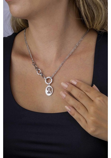 Zincir Geçişli Hayat Ağacı Beyaz Altın Kaplama Çelik Kadın Kolye modelleri