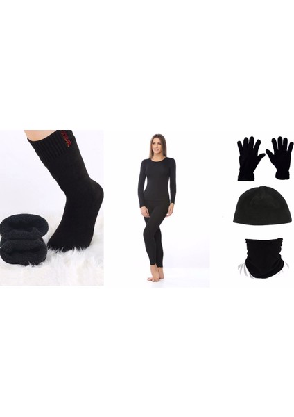 Kadın Siyah Termal Içlik Alt Üst Takım Termal Şapka, Eldiven,1 Çift Çorap Kışlık Tam Giyim Seti
