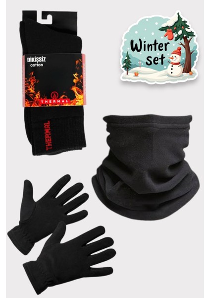 Siyah Termal Kışlık Kaliteli Polar Eldiven Boyunuk Çorap Kar Maskesi Setleri