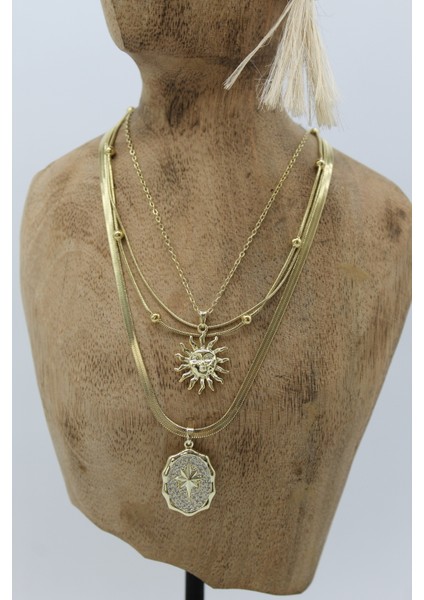 Vıp Çelik Italyan Ezme ve Top Zincirli Zirkon Taşlı Kuzey Yıldızı ve Güneş Model 4’lü Kombin Kolye