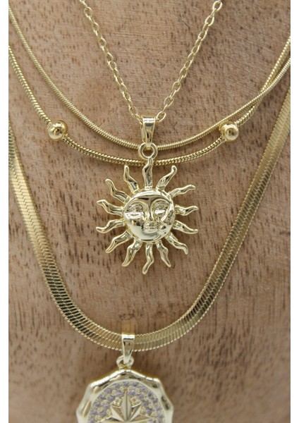 Vıp Çelik Italyan Ezme ve Top Zincirli Zirkon Taşlı Kuzey Yıldızı ve Güneş Model 4’lü Kombin Kolye fiyatları