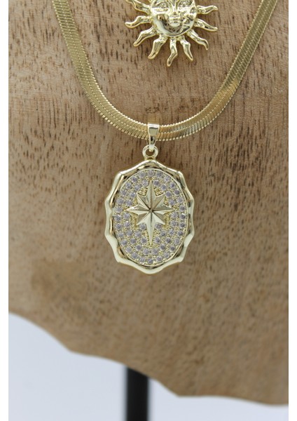 Vıp Çelik Italyan Ezme ve Top Zincirli Zirkon Taşlı Kuzey Yıldızı ve Güneş Model 4’lü Kombin Kolye modelleri