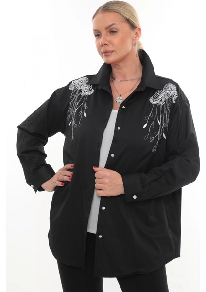 Tasarım Büyük Beden Kadın Nakışlı Gömlek Uzun Kollu Düğmeli Rahat Şık Kombinlere Uygun