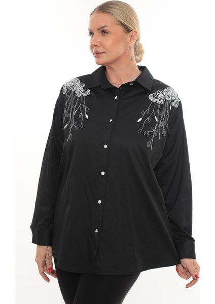 Tasarım Büyük Beden Kadın Nakışlı Gömlek Uzun Kollu Düğmeli Rahat Şık Kombinlere Uygun fiyatları