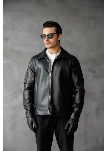Erkek Regular Fit Yakalı Içi Kürklü Deri Ceket