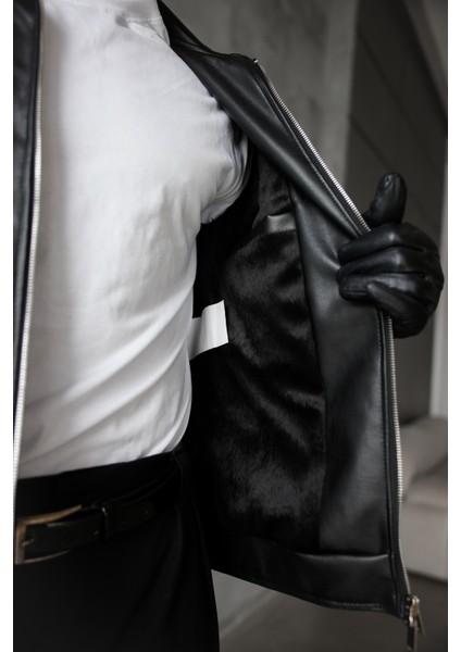 Erkek Regular Fit Yakalı Içi Kürklü Deri Ceket