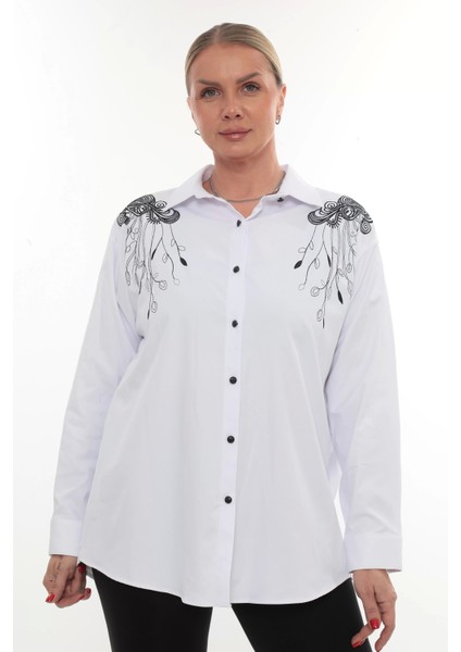 Tasarım Büyük Beden Kadın Nakışlı Gömlek Uzun Kollu Düğmeli Rahat Şık Kombinlere Uygun