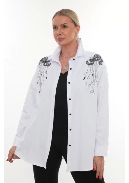Tasarım Büyük Beden Kadın Nakışlı Gömlek Uzun Kollu Düğmeli Rahat Şık Kombinlere Uygun fiyatları