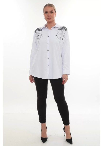 Tasarım Büyük Beden Kadın Nakışlı Gömlek Uzun Kollu Düğmeli Rahat Şık Kombinlere Uygun modelleri
