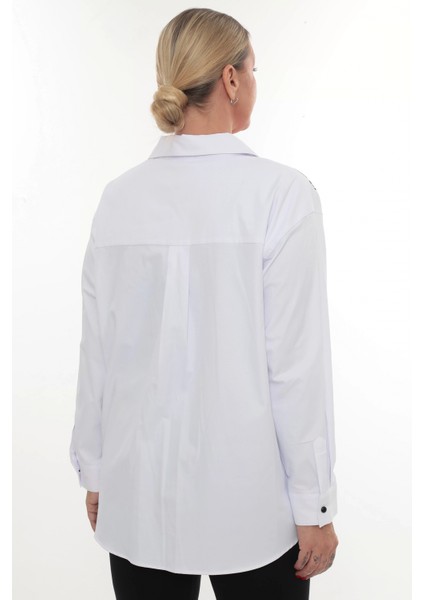 Tasarım Büyük Beden Kadın Nakışlı Gömlek Uzun Kollu Düğmeli Rahat Şık Kombinlere Uygun fırsatları