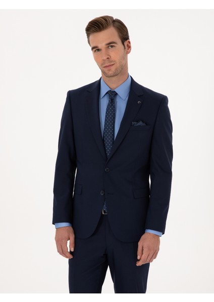 Erkek Lacivert Slim Fit Yün Karışımlı Mikro Desenli Takım Elbise 50318023-VR033 modelleri