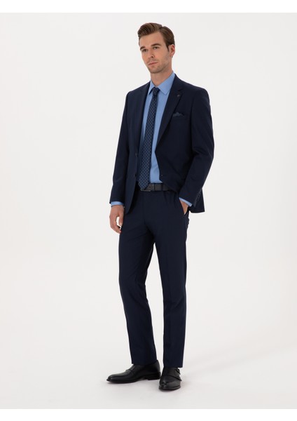 Erkek Lacivert Slim Fit Yün Karışımlı Mikro Desenli Takım Elbise 50318023-VR033 fırsatları