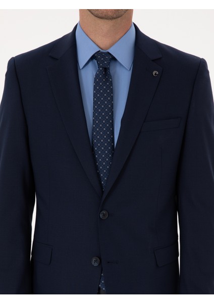 Erkek Lacivert Slim Fit Yün Karışımlı Mikro Desenli Takım Elbise 50318023-VR033
