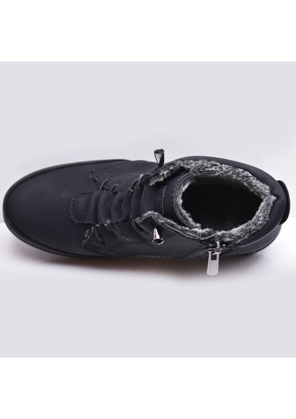 210 Ortopedik Taban Lastik Bağcıklı Içi Kürklü Siyah Anne Botu Kadın Bot Ayakkabı