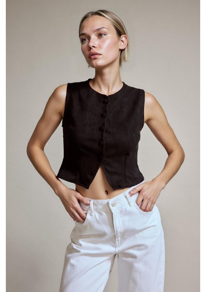 Düğmeli Crop Süet Yelek G2852AX25AU