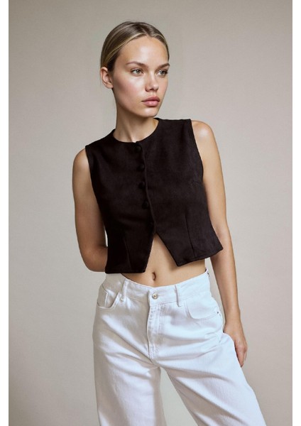 Düğmeli Crop Süet Yelek G2852AX25AU modelleri