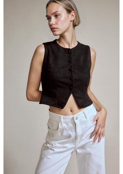 Düğmeli Crop Süet Yelek G2852AX25AU fırsatları