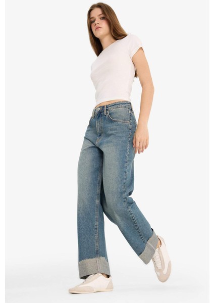 Baggy Fit Yüksek Bel Katlamalı Paça Jean Kar Yıkamalı Pantolon E9151AX25AU fırsatları