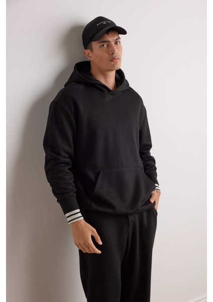 Boxy Fit Kapüşonlu Kanguru Cepli Jakarlı Sweatshirt E9308AX25AU