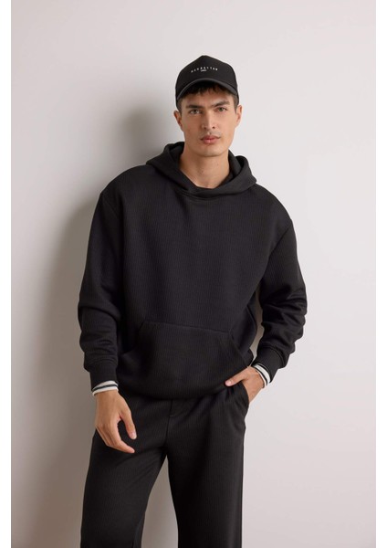 Boxy Fit Kapüşonlu Kanguru Cepli Jakarlı Sweatshirt E9308AX25AU modelleri