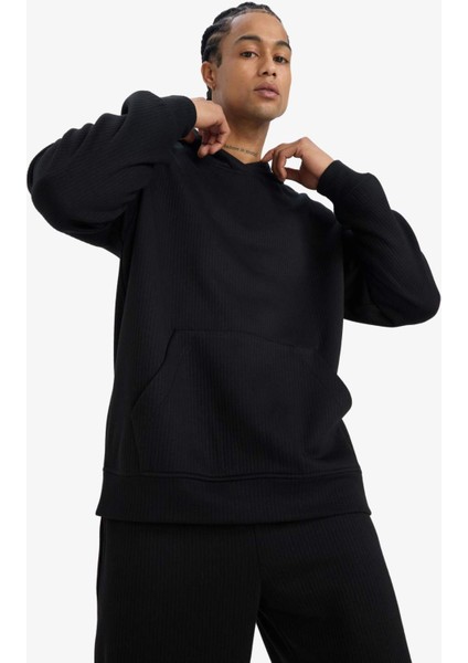 Boxy Fit Kapüşonlu Kanguru Cepli Jakarlı Sweatshirt E9308AX25AU fırsatları