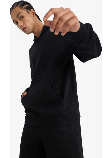 Boxy Fit Kapüşonlu Kanguru Cepli Jakarlı Sweatshirt E9308AX25AU