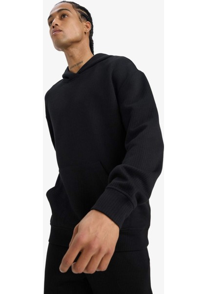 Boxy Fit Kapüşonlu Kanguru Cepli Jakarlı Sweatshirt E9308AX25AU