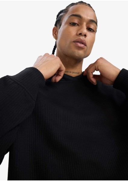 Boxy Fit Kapüşonlu Kanguru Cepli Jakarlı Sweatshirt E9308AX25AU