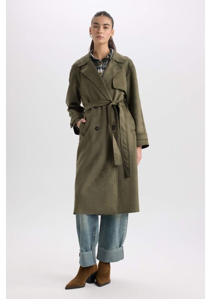 Regular Fit Smokin Yaka Kemerli Cepli Uzun Süet Trençkot D5799AX25SP