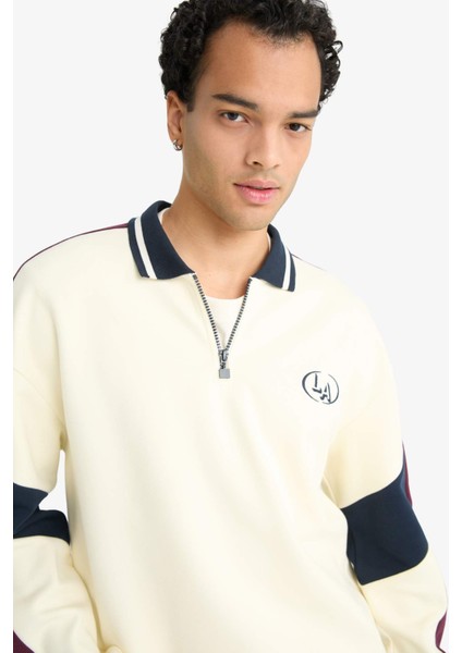 Boxy Fit Dik Yaka Fermuarlı Baskılı Sweatshirt F0114AX25AU